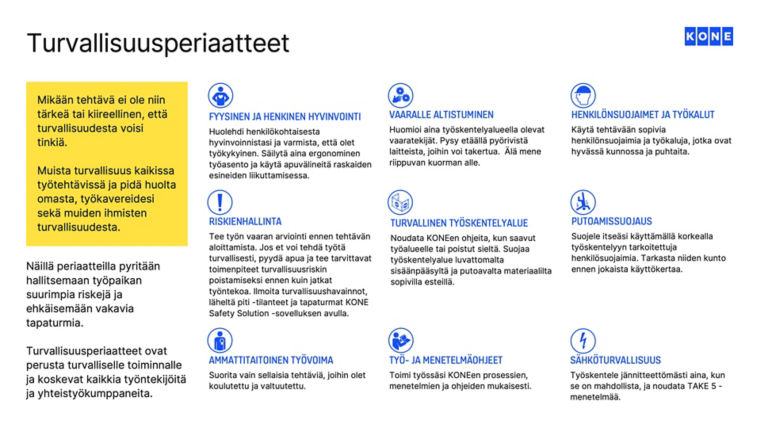 A simple summary of KONE's 9 Core safety principles (Finnish)